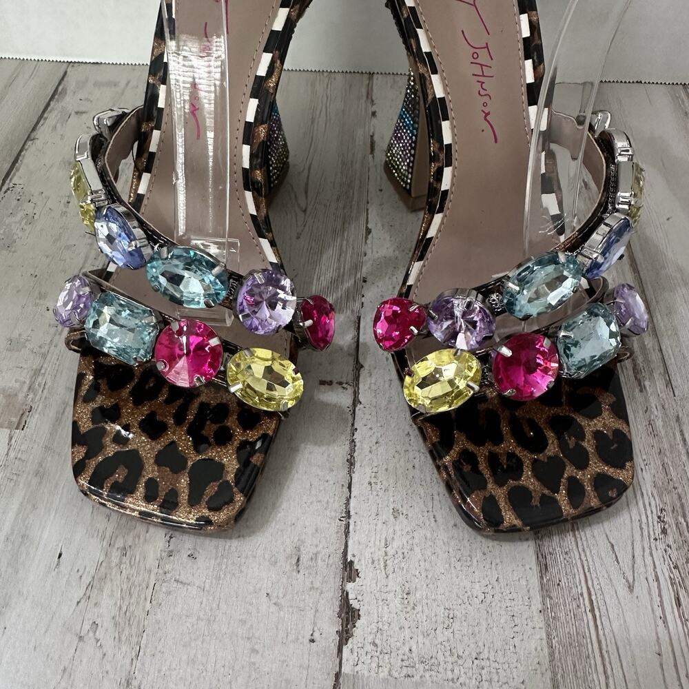 Betsey Johnson Lillie Heels 6.5M Leopard Rhinestone Block Heel Statement Sandals - Picture 2 of 11